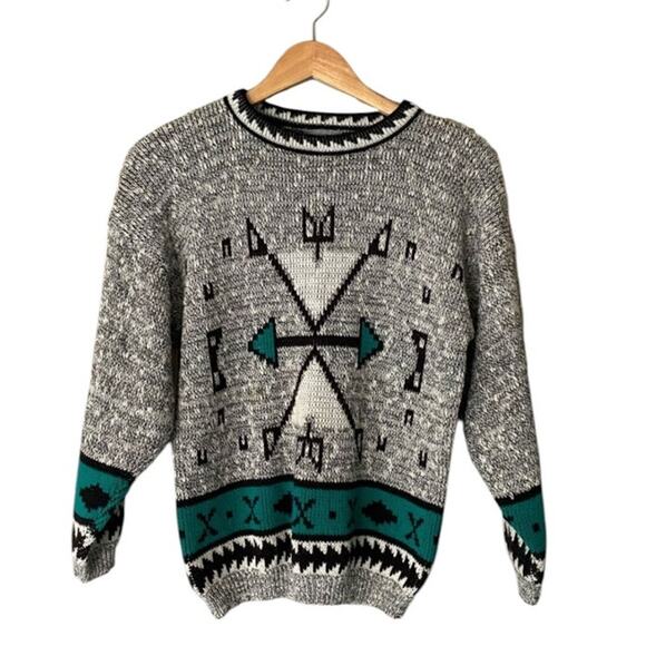 Vintage Adele Knitwear Teal Southwestern Compass Sweater Small Medium - Picture 1 of 8